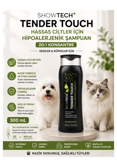 Showtech Tender Touch 20:1 Konsantre Köpek Ve Kediler İçin Hassas Ciltli Şampuan 300 Ml