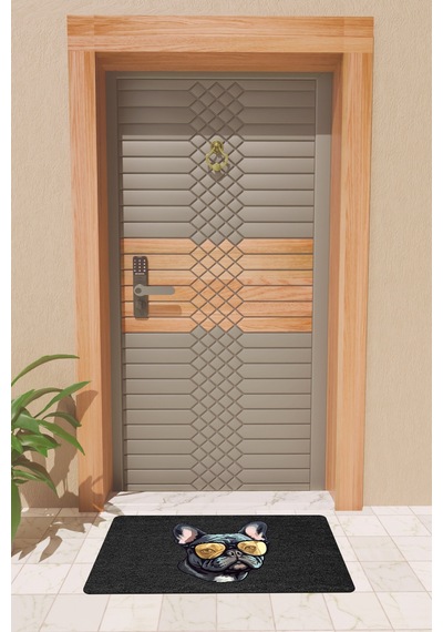 Rugmood Modern Dijtal Baskı Siyah Gözlüklü Siyah Köpek Kapı Önü Paspası
