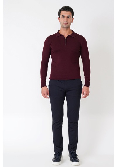 Slim Fit Esnek Pamuklu Fermuarlı Polo Yaka Bordo Triko Tr 902