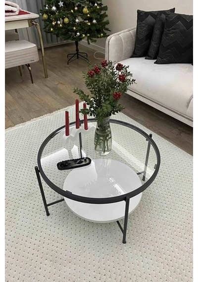 Nordic Orta Sehpa Temperli Cam 75 Cm Demonte Çizilmez Kırılmaz Metal Çerçeve Raflı Minimalist Sehpa - Beyaz Beyaz