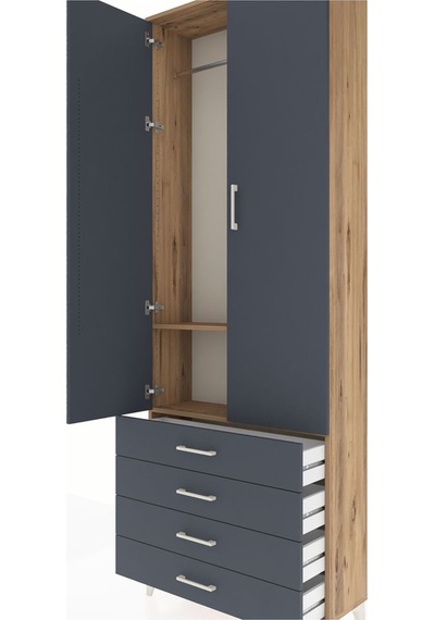 Arges Dolap 2 Raflı 4 Çekmeceli Tek Askılı 88x30x243 Çam-antr... Çam