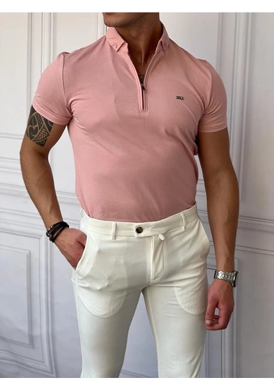 Modefendi Pamuk Likra Slim Fit Kalıp Bebe Yaka Fermuarlı Tshirt Pembe