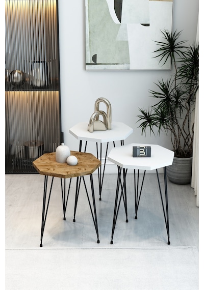 3'lü Sekizgen Zigon Sehpa Seti - Siyah Metal Ayaklı, Modern & Şık Yan Sehpa, Dayanıklı Salon Ofis Beyaz Atlantik Çam