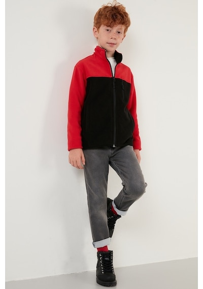 Lela Yumuşak Dokulu Fermuarlı Renk Bloklu Dik Yaka Cepli Hırka Unisex Çocuk Polar 5905001 Kırmızı-Siyah