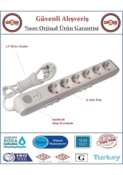 Viko Akım, Şok Korumalı Anahtarlı Uzatma Grup Priz - 1,5 Metre