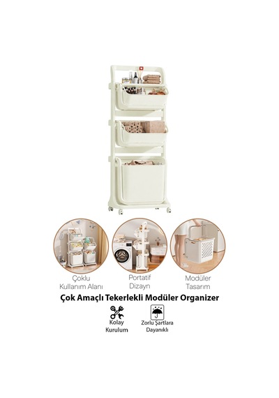 Banyo Mutfak Çocuk Odası Düzenleme Raf Çok Amaçlı Tekerlekli Modüler Organizer Sepet Beyaz