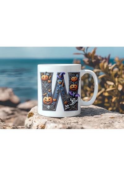 W Baş Harf Cadılar Bayramı Konsept Kupa Bardak - Halloween Hediye - Bal Kabağı Hayalet Örümcek Ağı Beyaz