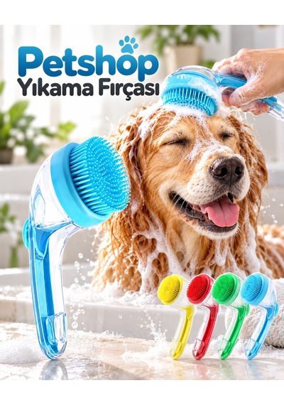 Lexroo 1. Yumuşak Silikon Uçlu Pet Banyo Fırçası Şampuan Hazneli