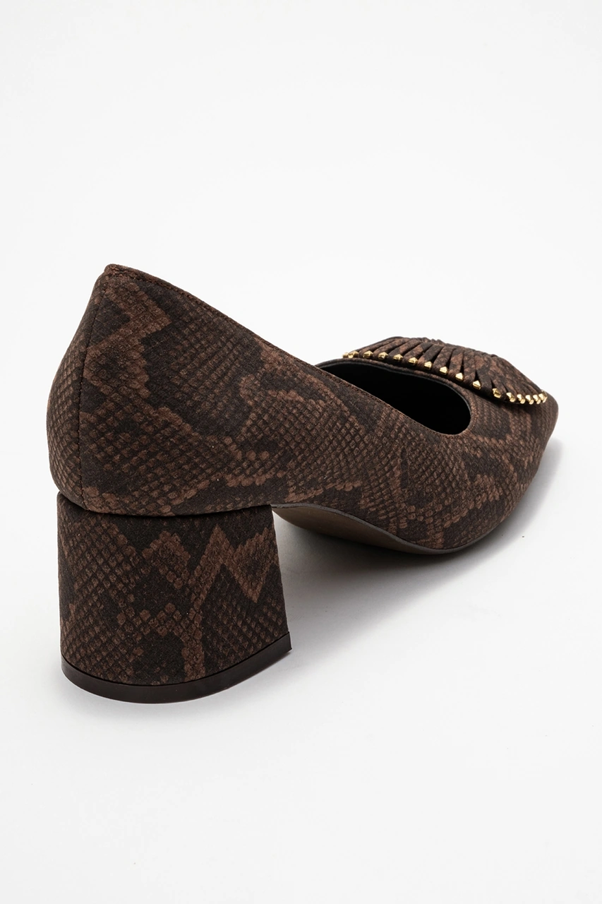 Luvishoes Luvi Shoes Velora Kahverengi Desenli Tokalı Kadın Kalın Topuklu Ayakkabı Kahverengi