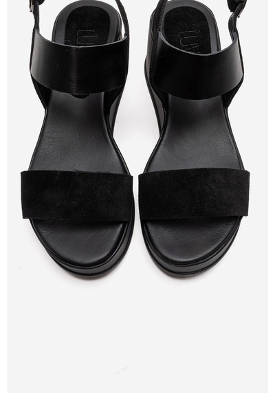 Luvishoes Lolanthe Siyah Cilt Siyah Süet Hakiki Deri Kadın Dolgu Topuklu Sandalet