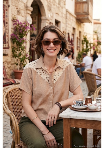 Lela Dantelli Relaxed Fit Kısa Kollu Bayan Gömlek 5865764 Taş