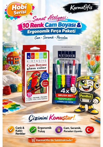 Sanat Atölyesi 10 Renk Cam Boyası Seti + Ergonomik Fırça Cam, Seramik & Porselen Boyama Seti Diğer