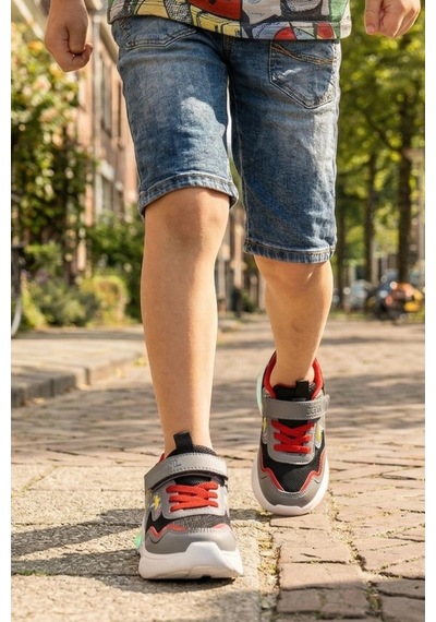 In Step Unisex Çocuk Işıklı Spor Ayakkabı - Siyah Beyaz Dinazor Desenli Cırt Cırtlı