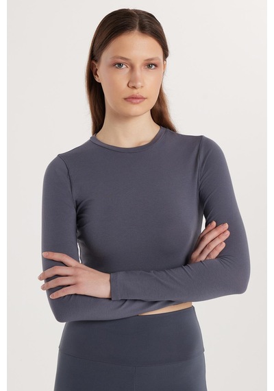Tudors Kadın Slim Fit Pamuklu Düz Bisiklet Yaka Antrasit Bluz-33732 Antrasit
