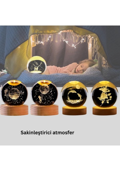Usb Bağlantılı Geyik Temalı Kristal Küre Premium Masa Gece Lambası Renkli