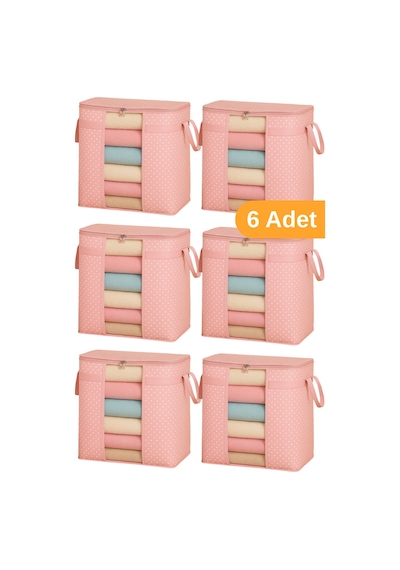 Serstil 6 Adet - Pencereli Saklama Çantası 50 X 45 X 30 Cm - Pembe Benekli