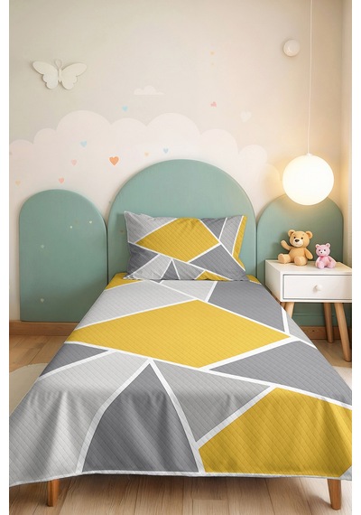 Sarı Geometrik Genç Odası Tek Kişilik Pike Takımı - Gri Modern 160x220 Cm Kapitone Yatak Örtüsü Mumlu Kum Akışı