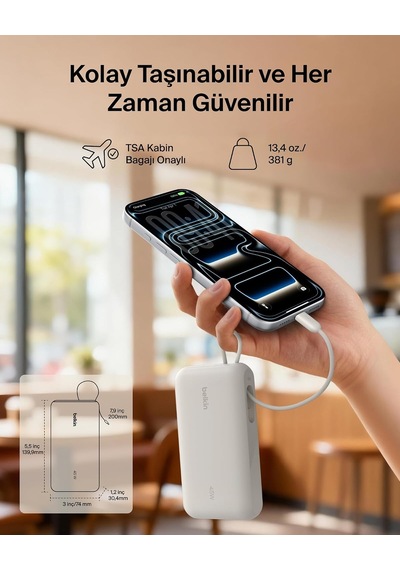Ultracharge 20000 Mah Usb-c Kablolu Ve Ekranlı Power Bank, Kum Rengi