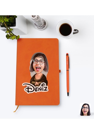 Kişiye Özel Mona Lisa Karikatürlü Turuncu Termo Deri Defter Kalem
