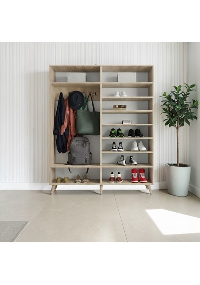 Alara Tamamı Mdf Aynalı Portmanto Vestiyer Ayakkabılık Meşe 140 Cm - M2