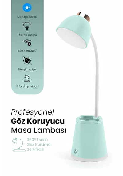 Göz Korumalı Led Masa Lambası Mavi Işık Filtreli, 4 Işık Modlu, Telefon Tutuculu, 360 Esnek Gövde Turkuaz