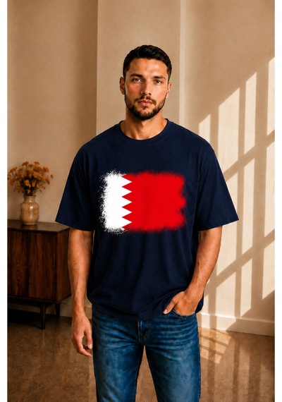 Sngl Tekstil Erkek Oversize Bahreyn Bayrak Baskılı Kısa Kollu Tişört S M L Xl 2xl Lacivert