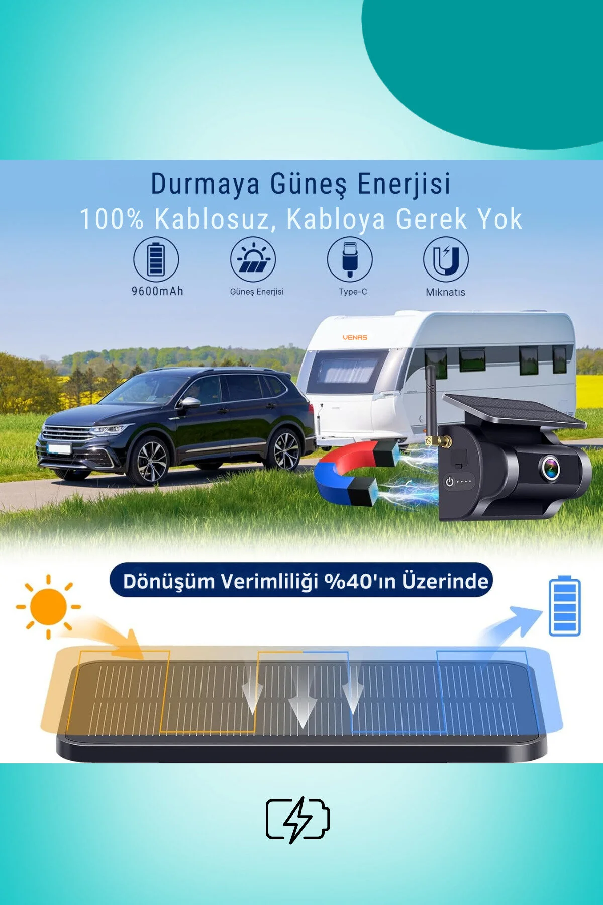 1080p Full Hd Kendiliğinden Bataryalı Güneş Panelli Mıknatıslı Wifi Araç Kamerası