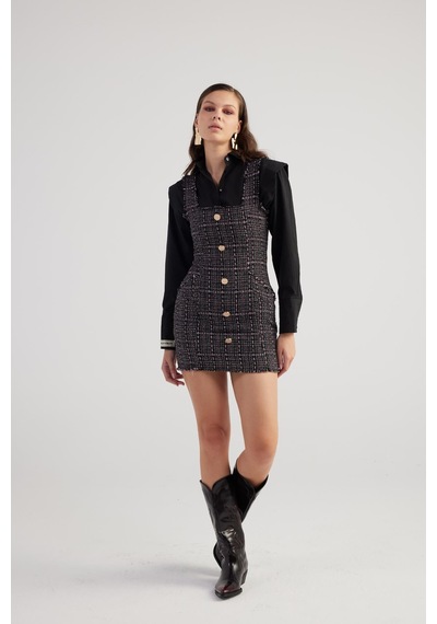Holly Lolly Metal Düğme Detaylı Mini Tweed Elbise Siyah