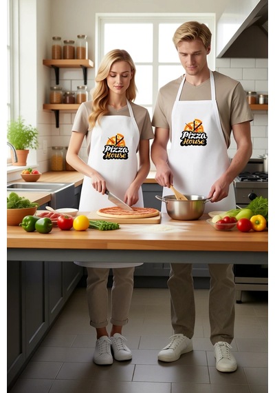 Unisex Mutfak Önlüğü Pizza House Retro Baskı Nostaljik Tasarım Ra Beyaz