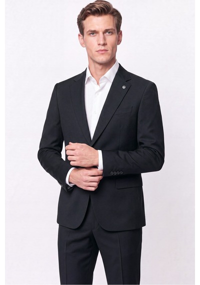 Efor Slim Fit Mono Yaka Çift Yırtmaç Esnek Yünlü Siyah Takım Elbise Tk 947
