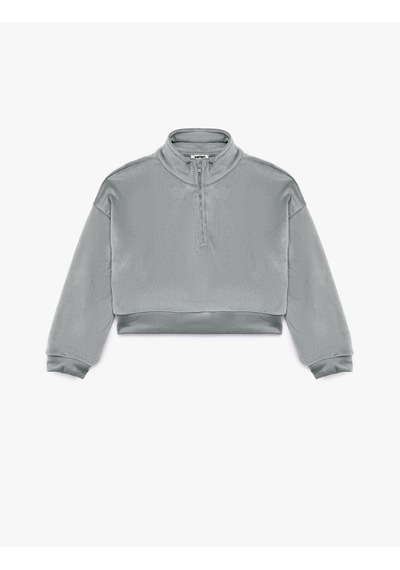 Koton Dik Yaka Uzun Kollu Yarım Fermuarlı Kadife Sweatshirt Gri 7wkg10372ak