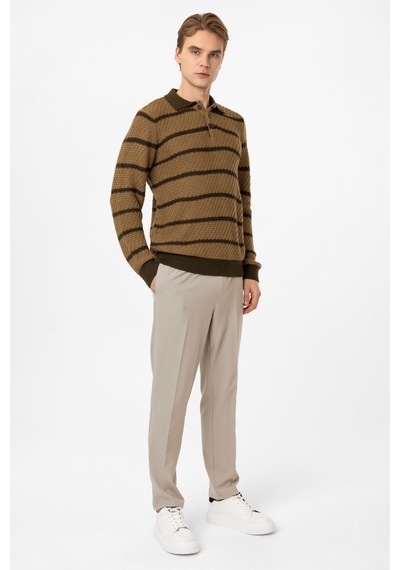Back&bond Bej Regular Fit Çizgili Yünlü Polo Yaka Triko Kazak Camel