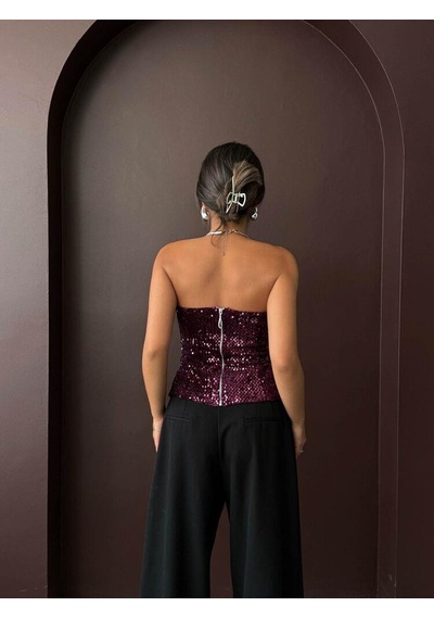 Ckm Moda Rubina Payetli Straplez Bluz Mürdüm