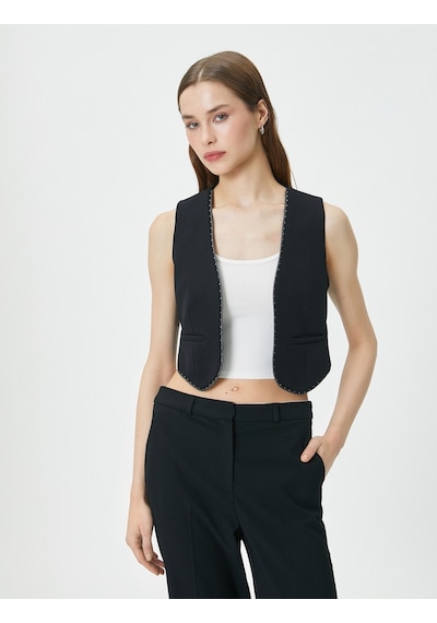 Koton Crop Yelek Simli Şerit Detaylı Cepli Siyah 4sak20031uw 4SAK20031UW999 Siyah