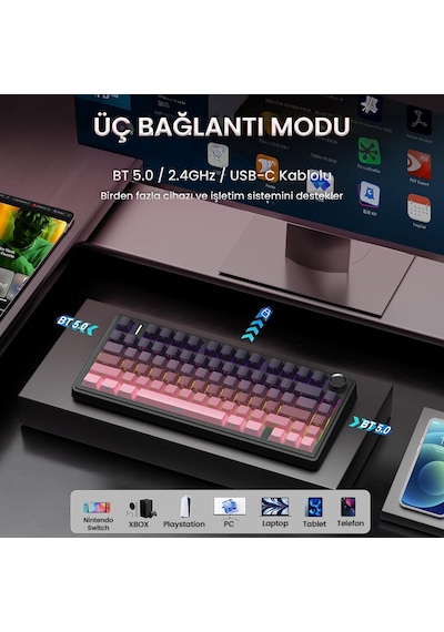 Aula F75 Mekanik Rgb Tkl Reaper Switch Kablosuz Makrolu Hot Swap Klavye Gradyan Pembe