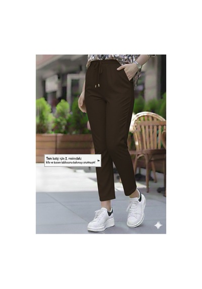Unika Boutique Kadın Havuç Kesim Bilek Boy Beli Lastikli Kumaş Pantolon Kilo Basen Ölçü İkinci Resim Geçiniz kahve