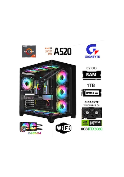 Xaser Giga X50 R7-5700X 32 GB 1 TB M.2 Nvme SSD 8 GB RTX5060 Free Dos Oem Paket Masaüstü Oyuncu Bilgisayarı