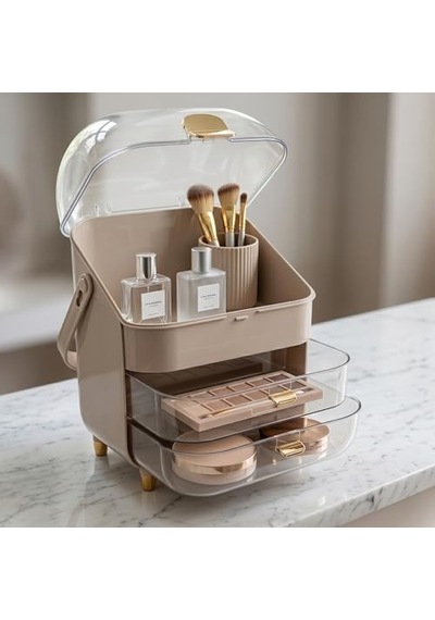Premium Çekmeceli Ve Kapaklı Taşınabilir Makyaj Ve Kozmetik Düzenleyici, Pembe Ve Milky Coffee Renk Seçenekleri, Altın Aksesuarlı Pembe Açık Kahverengi Premium Çekmeceli Ve Kapaklı Taşınabilir Makyaj Ve Kozmetik Düzenleyici, Pembe Ve Milky Coffee Renk Seçenekleri, Altın Aksesuarlı Pembe Açık Kahverengi