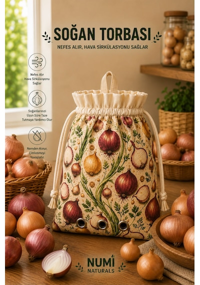 Numı Naturals Nefes Alan Soğan Saklama Torbası Hava Sirkülasyonlu Bez Soğan Depolama Çantası 35x35 Cm - Uzun Süre Taze Saklama Çok Renkli