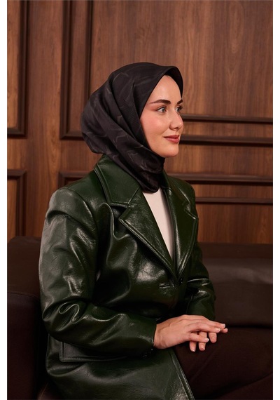 Silk Home Twill İpek Eşarp Koyu Yeşil Yeşil Yeşil Gri Desenli Tok Duruşlu 90x90 Çok Renkli