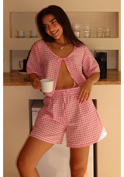 Madmext Pembe Pötikareli Şort Bluz Takım Mg2373