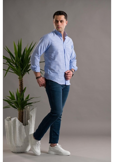 Dorss Slimfit Pamuklu Çizgili Yaka Düğmeli Uzun Kol Erkek Gömlek Mavi