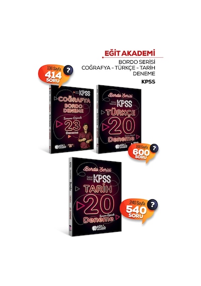 Kpss Bordo Serisi Tamamı Çözümlü Üçlü Deneme Seti Türkçe/tarih/coğrafya Mehmet Eğit