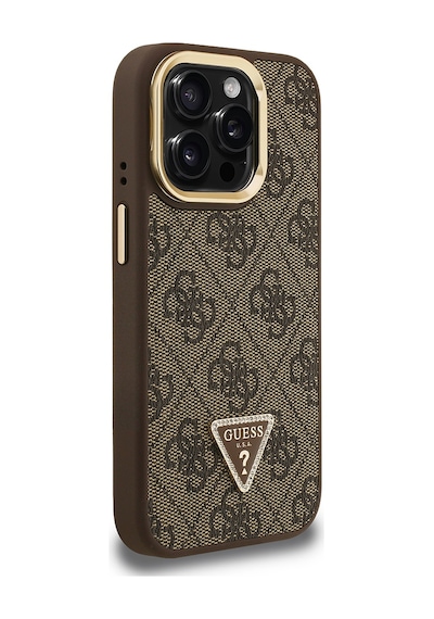 Apple iPhone 15 Pro Max Uyumlu Kılıf Guess Lisanslı Üçgen Logo 4g Desenli Kamera Standlı Kapak Kahverengi