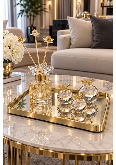 Dekoratif Modern Gold Tepsi 3lü Gold Kristal Elma Seti Ve Koku Şişesi Seti Ev Süs Eşyası Altın