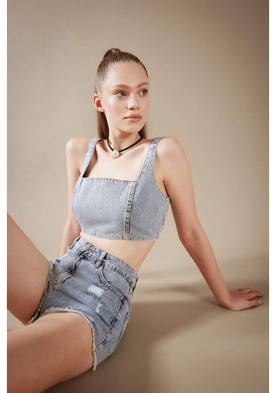 Defacto Jean %100 Pamuk Crop Bluz A8524AX23HSNM39