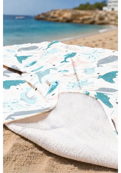 Deniz Canlıları Çocuk Plaj Havlusu - Pastel Sevimli Balinalar Havuz Hızlı Kuruyan Mikrofiber Havlu Çok Renkli
