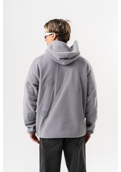 Respire Erkek Süzene Nakış Detaylı Kapüşonlu Oversize Polar Hoodie Gri