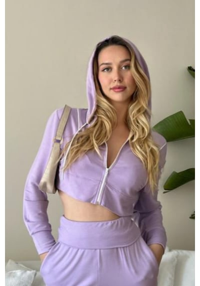 Penyebizden Kadın Viskon Kapşonlu Oversize Crop Sweatshirt-lila
