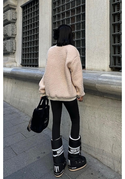 WeShaya Kadın Taş Polyester Bisiklet Yaka Uzun Kollu Sweatshirt Taş